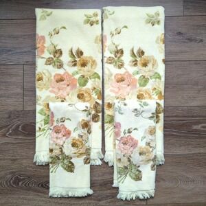 Vintage Cannon Royal Family 4pc Towel Set Yellow Floral Rose Fringed Bath Hand